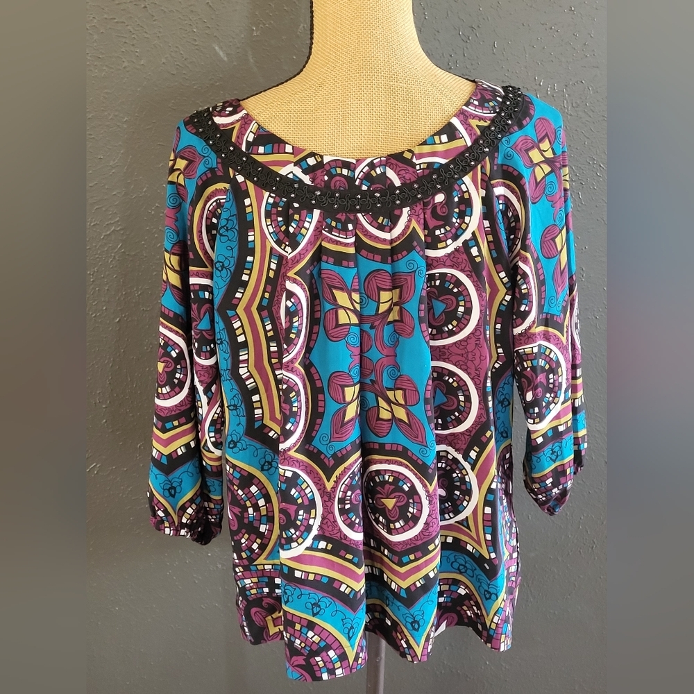 Nicole Miller Medium Pullover Blouse Blue/Pink/Black - Picture 2 of 10